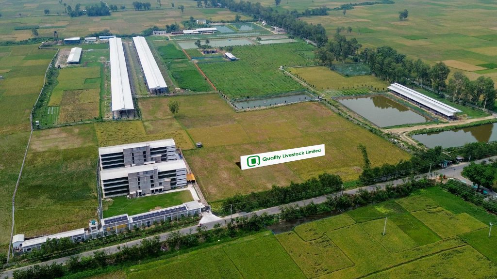 Aerial view of the Quality Livestock Limited farm and processing plant in Nandigram, Bogura